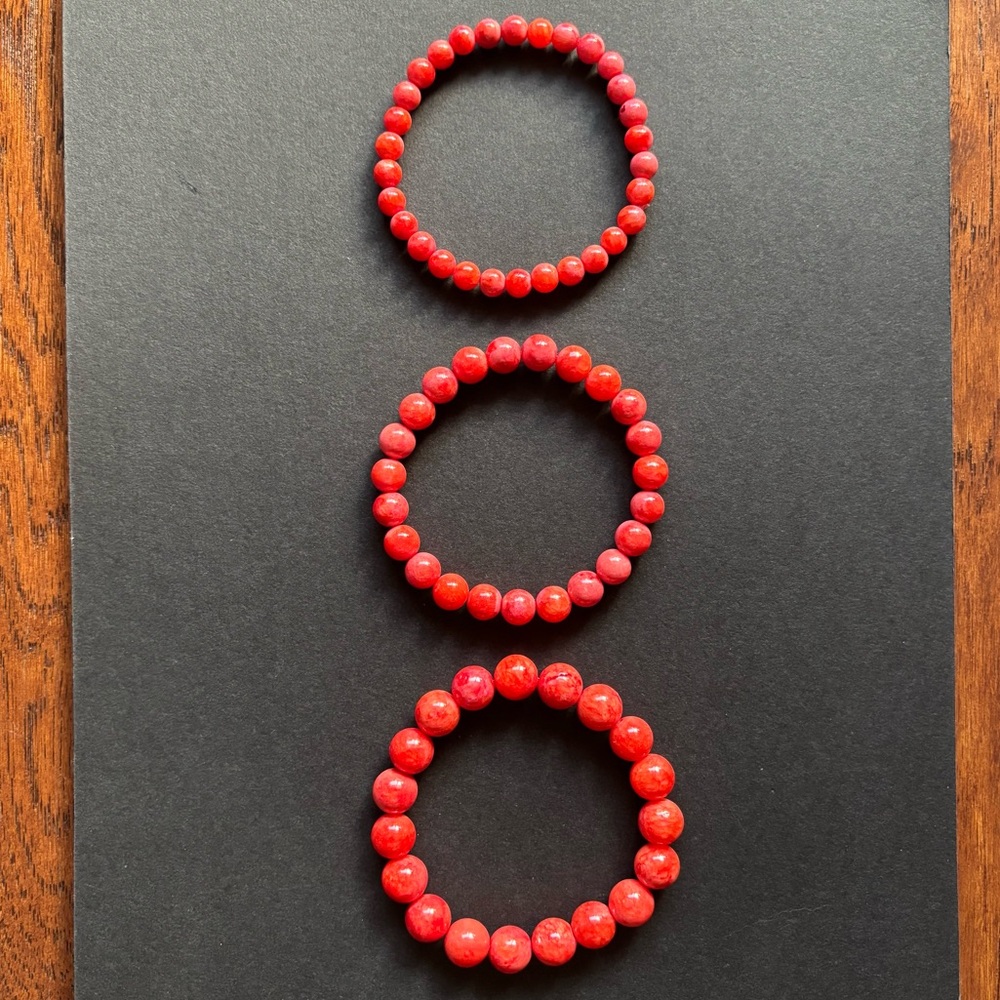 Red Coral Bead Bracelet Set | Set of 3 - Picture 2 of 6